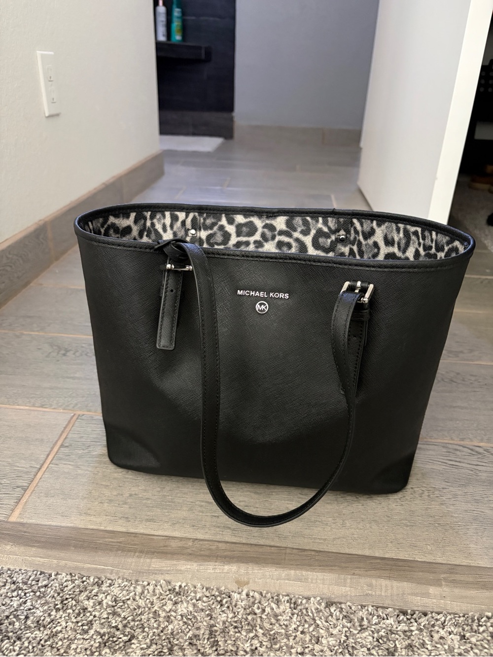 Michael Kors Black Tote with Leopard-Print Interior
